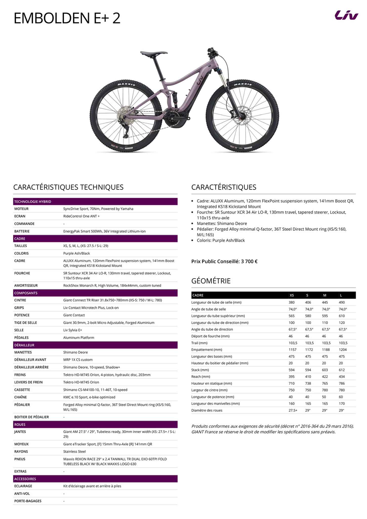 Fiche technique du velo Embolden E+ 2
